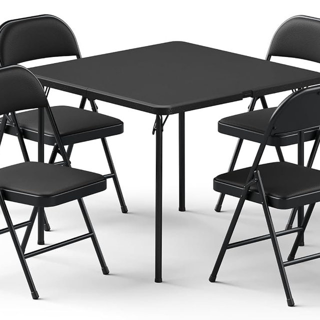 Folding Table and Chairs Set for 4, 36 Inch Foldable Card Table with Carrying Handle & 4 PU Leather Padded Folding Chairs, Portable Indoor Outdoor Dining Table Set for Picnic, Camping, RV, Game Night