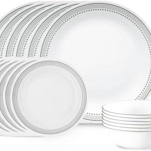 Corelle Vitrelle 18-Piece Service for 6 Dinnerware Set Triple Layer Glass and Chip Resistant, Lightweight Round Plates and Bowls Set, Mystic Gray