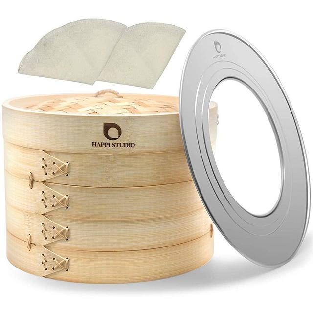 HAPPi STUDIO Bamboo Steamer Basket 10 inch and 304 Stainless Steel Steamer Ring Set - 100% Natural Handmade 2-Tier Dumpling Steamer for Cooking Dim sum, Bao Bun - Cotton Liners Included - Extra Deep