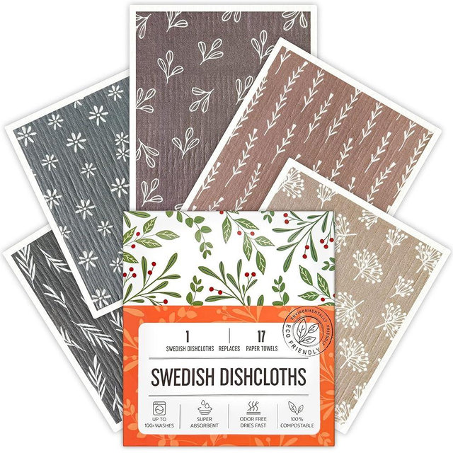Augine Swedish Dishcloths for Kitchen, 5 Pack Reusable Paper Towels Washable, Super Absorbent Swedish Dish Cloths, Non-Scratch, Biodegradable
