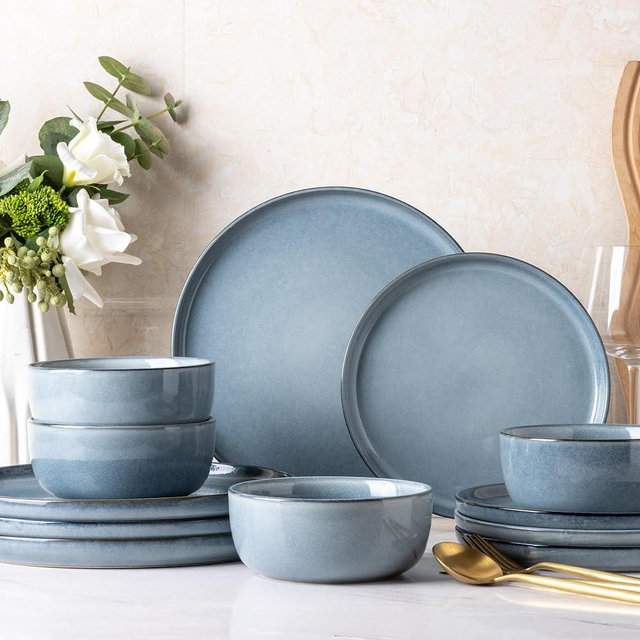 AmorArc Stoneware Dinnerware Sets for 4,Round Reactive Glaze Ceramic Plates and Bowls Set,Highly Chip and Crack Resistant | Dishwasher & Microwave Safe Dishes Set,Service for 4 (12pc)