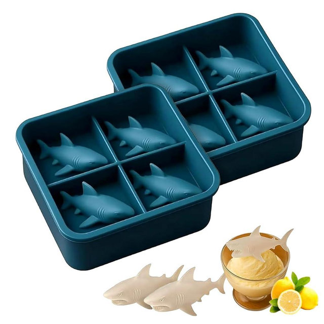 Shark Silicone Ice Mold | Slow-Melting Design Reusable Ice Cube Tray, ​​Easy Release Shark Shapes​​ for ​​Whiskey, Cocktails, Juice, Coffee​​ | Fun Ice Molds​​ for Cold Drinks & ​​Party Gifts​ (2 Pcs)