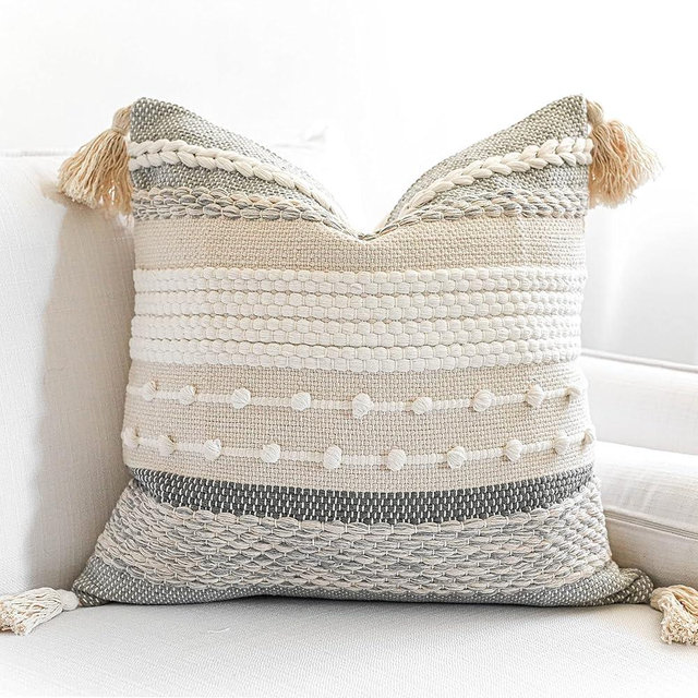 BlissBlush Gray Boho Throw Pillow Cover 22x22, Grey Decorative Accent Pillow for Couch, Square Woven Textured Pillowcase, Modern Farmhouse Pillow for Bed, Bohemian Pillow Cover (Pack of 1)
