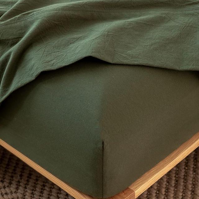 MooMee Fitted Bottom Sheet Only 100% Washed Cotton Linen Like Textured Breathable Durable Soft Comfy Deep Pocket Fits Mattress up to 17" (Olive Green, Queen)