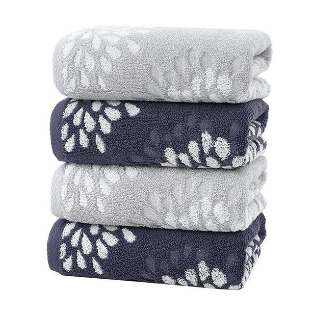 Pidada Hand Towels Set of 4 Hydrangea Floral Pattern 100% Cotton Absorbent Soft Decorative Towel for Bathroom 13.4 x 29.1 Inch (Light Grey & Denim Blue)