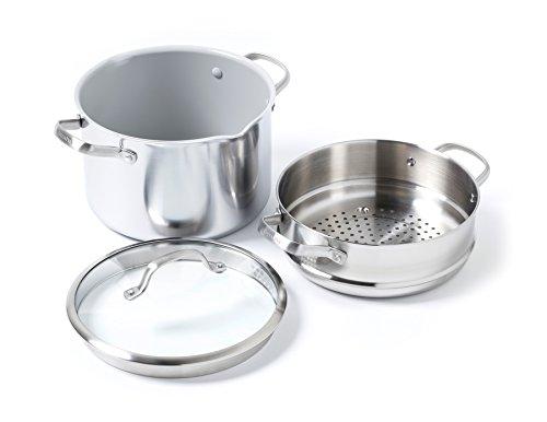 GreenPan CC000068-001 Venice Pro Stainless Steel 100% Toxin-Free Healthy Ceramic Nonstick Metal Utensil/Dishwasher/Oven Safe Stockpot And Steamer, 8-Quart, Silver
