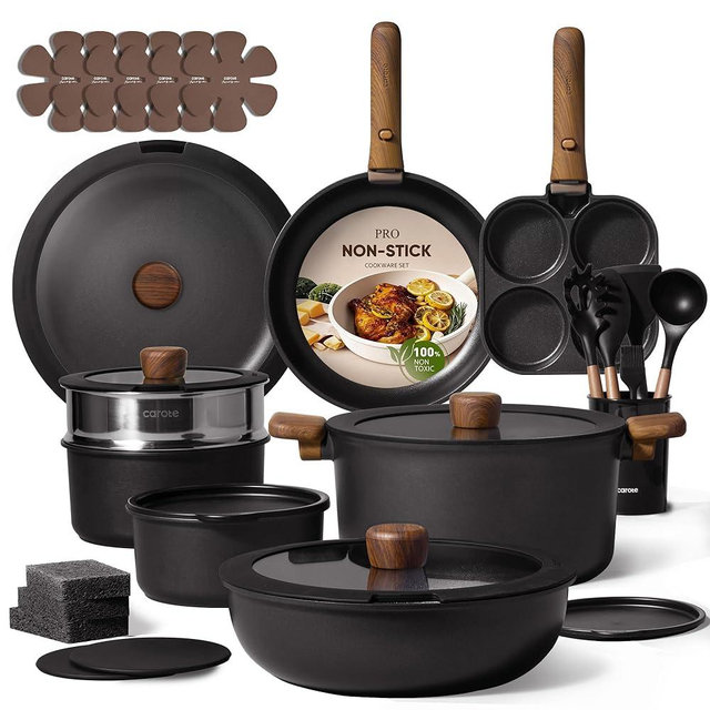 CAROTE 33pcs Pots and Pans Non Stick, Cookware Sets Detachable Handle, Induction Kitchen Pots and Pans,NonStick Cooking Set, Oven/Dishwasher/Fridge Safe, Space Saving
