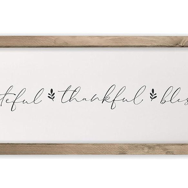 Grateful Thankful Blessed Rustic Style Wall Décor Sign With Frame 12x36