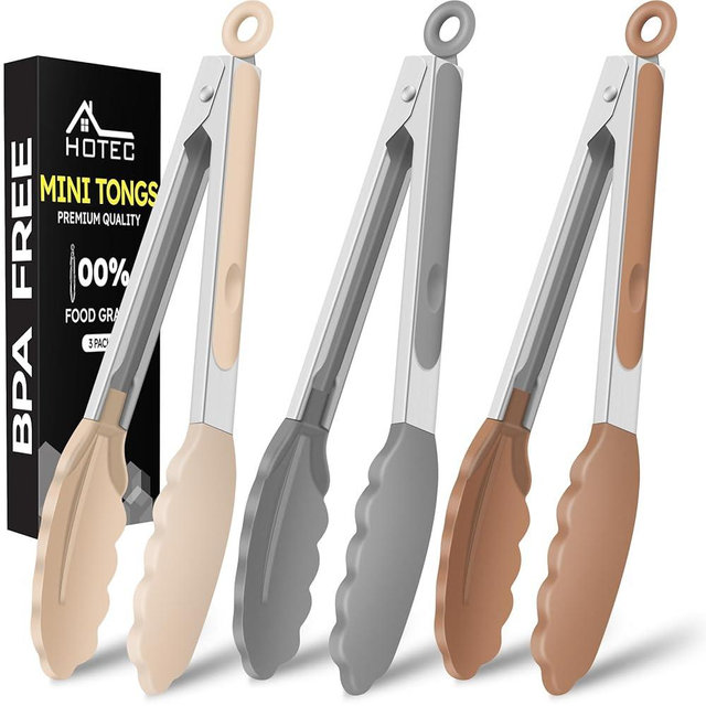 Hotec Mini Silicone Kitchen Tongs for Cooking - 7-Inch Small Serving Tongs with Silicone Tips, Set of 3 (Neutral Color)