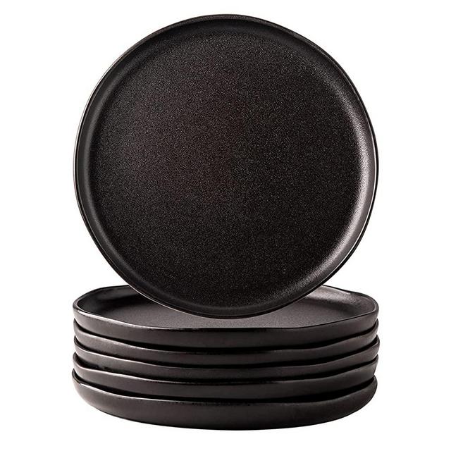 AmorArc Porcelain Dinner Salad Plates Set of 6, 8.5 inch Dish Set - Microwave, Dishwasher and Oven Safe, Scratch Resistant, Modern Large Dinnerware Kitchen Serving Dishes -Reactive Matt Black