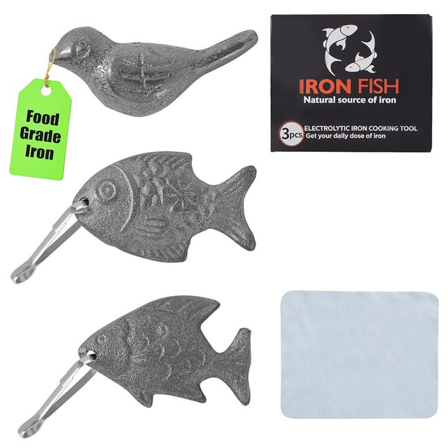 Awaiymi 3Pcs Iron Fish with Hooks & Dry Cloth,Natural Iron Deficiency Supplement for Cooking,Reusable Anemia Relief for Vegans,Athletes,Pregnant Women, 5+ Years Use and Health Gift