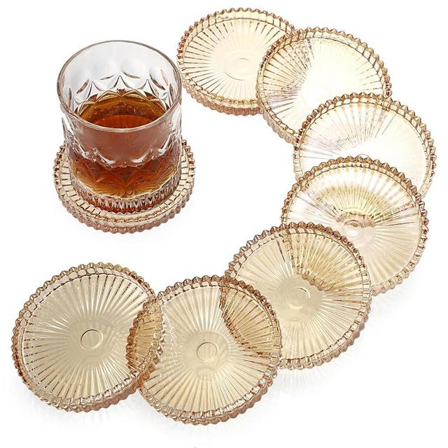 OGANAZI Modern Clear Coaster Set of 8- Glass Coasters for Drinks Crystal Coasters Round Cup Coasters Coffee Table Decor for Office, Kitchen, Bar, Dining Room, Living Room, Patio(Amber)