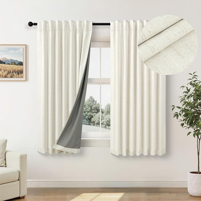 Pitalk Cream Blackout Curtains and Drapes 48 Inch Long Faux Linen Privacy RV Draperies for Small Windows Thermal Insulated Light Blocking Curtain for Kitchen Cafe Basement 52x48 Length Back Tab Pocket