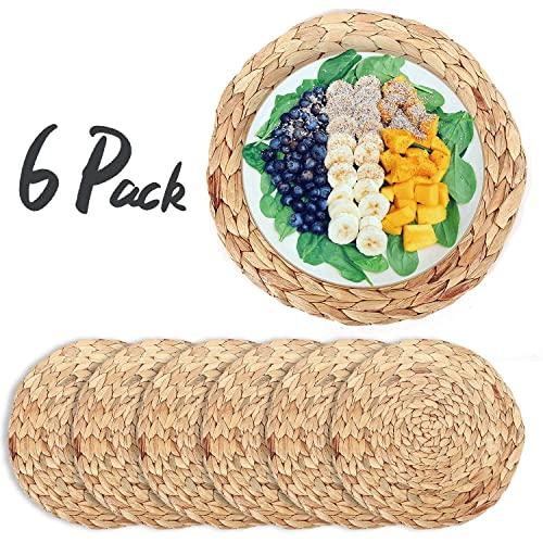 6 Pack Woven Placemats,Natural Water Hyacinth Weave Placemat Round Braided Rattan Tablemats 13.8”