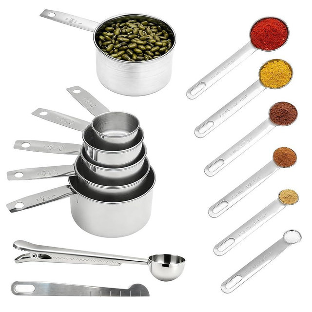 Measuring Cups and Spoons Set of 13, Stainless Steel 5 Nesting Measure Cups Set & 6 Measuring Spoons Set & 1 Leveler +1 Spoon Clip - Kitchen Baking Tools for Cooking.