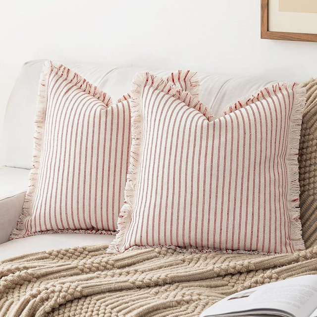 YEENAASY Throw Pillow Covers 16x16 Set of 2 Striped Fringe Pillow Cover Farmhouse Cushion Covers with Tassel Neutral Boho Pillows Decorative Square Pillowcase for Couch Sofa Bed, Red
