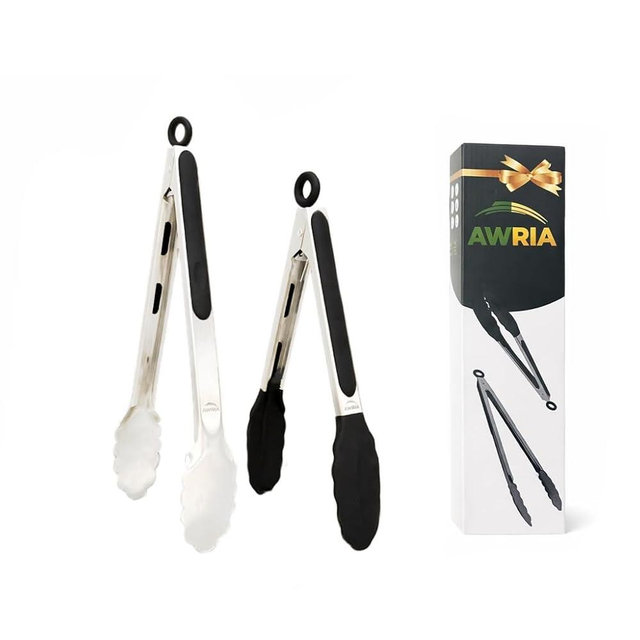Heat Resistant Kitchen Tongs Set – Stainless Steel Cooking & Serving Tongs Metal & Silicone Tip Locking 9” & 12” BBQ Salad Grill Tongs for Cooking & Serving Tongs Set Air Fryer Black Dishwasher Safe