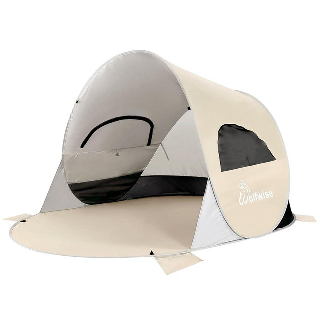 WolfWise UPF 50+ Easy Pop Up 3-4 Person Beach Tent Sport Umbrella Instant Sun Shelter Tent Sun Shade Canopy, Beige