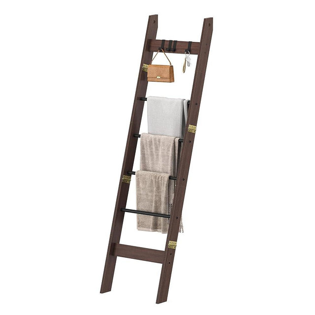 Hzuaneri Blanket Ladder for Living Room, Decorative Quilt Rack with 4 Removable Hooks, 6-Tier Farmhouse Ladder Holder Shelf Organizer for Bedroom, Black Tea Brown and Black BR31520B
