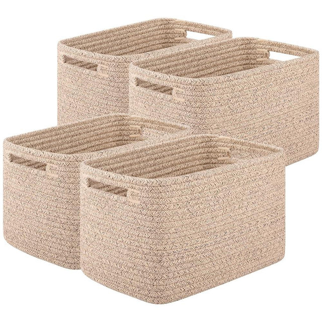 OIASKET Storage Baskets for Organizing, Woven Decorative Baskets for Shelves - Books, Towels, and Clothes, Cotton Rope Toy Storage Bins, 12.7''Lx9''Wx7.8''H, Pack of 4, Brown