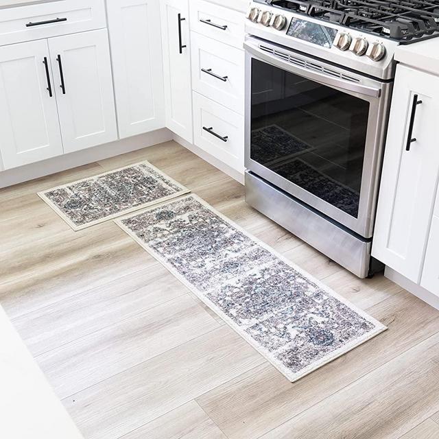 Maples Rugs Distressed Tapestry Vintage Non Skid 2pc Kitchen Rugs Set [Made in USA] Washable Floor Mat for Under Sink, Entryway, and Laundry, 2pc Set, Neutral