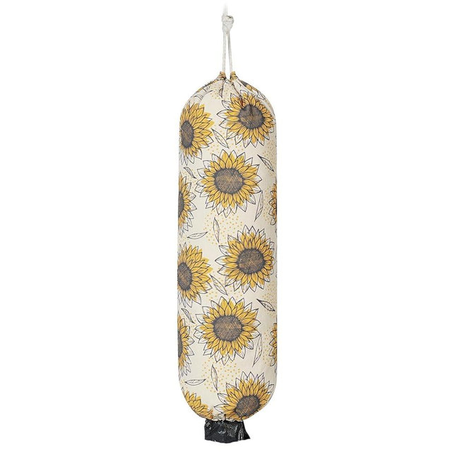 LeCorner Plastic Bag Holder, Reusable Grocery Bag Holder for Plastic Bags Groceries Store, Flower Canvas Trash Plastic Bag Organizer Storage Holders for Home Kitchen Pantry Decor (Yellow Sunflower)
