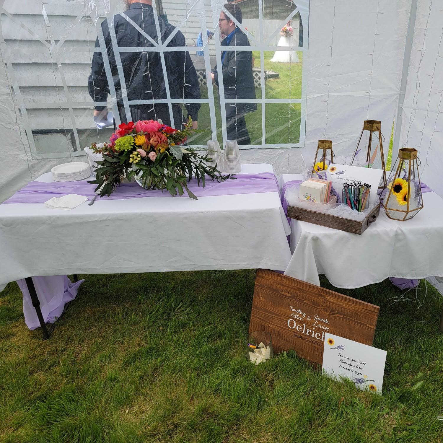 Our gift table, snack table, Lanterns of Love, and Guest Board 😍