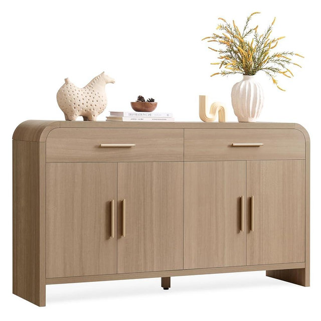 LogMith 59" Sideboard Buffet Cabinet with Storage, Curved Sideboard Cabinet with Drawers ＆ Adjustable Shelves, Coffee Bar Console Table for Kitchen, Entryway (Natural Oak)