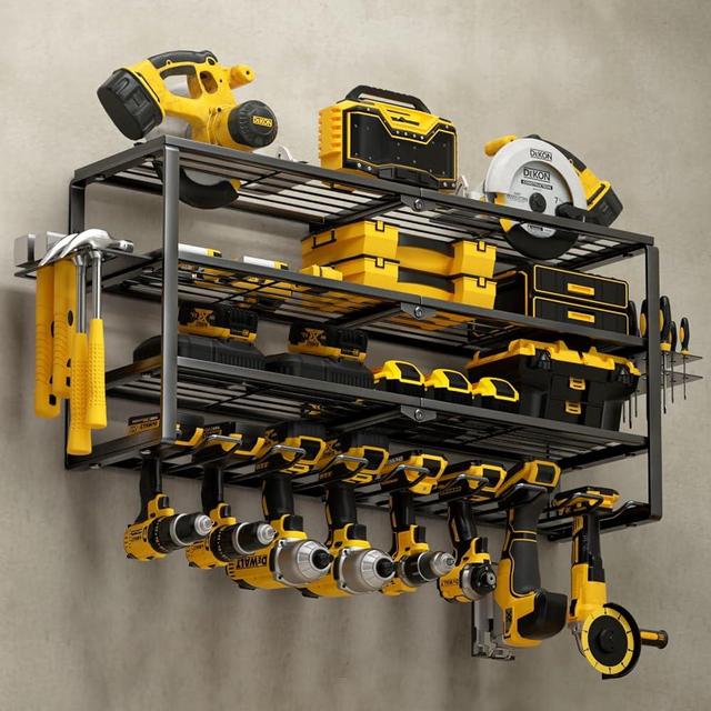 YYR 4 Layer Power Tool Organizer Wall Mount, Cordless Drill Hanger Storage Rack, Battery Tools Holder with Charging Station Shelf for Garage Organization, Workshop, Pegboard, Shed - 32 Inch 8 Slots