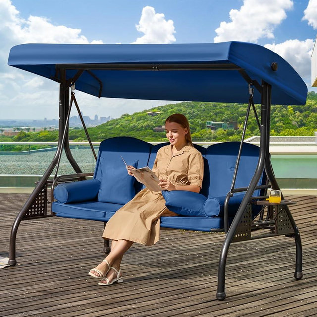 Yalissey 3 in 1 Outdoor Porch Swing with Adjustable Canopy, 3 Seat Outdoor Swing for Adults, Patio Swing Chair with Thickened Cushions,Pillows & Cup Holders for Backyard, Porch, Garden (Blue)