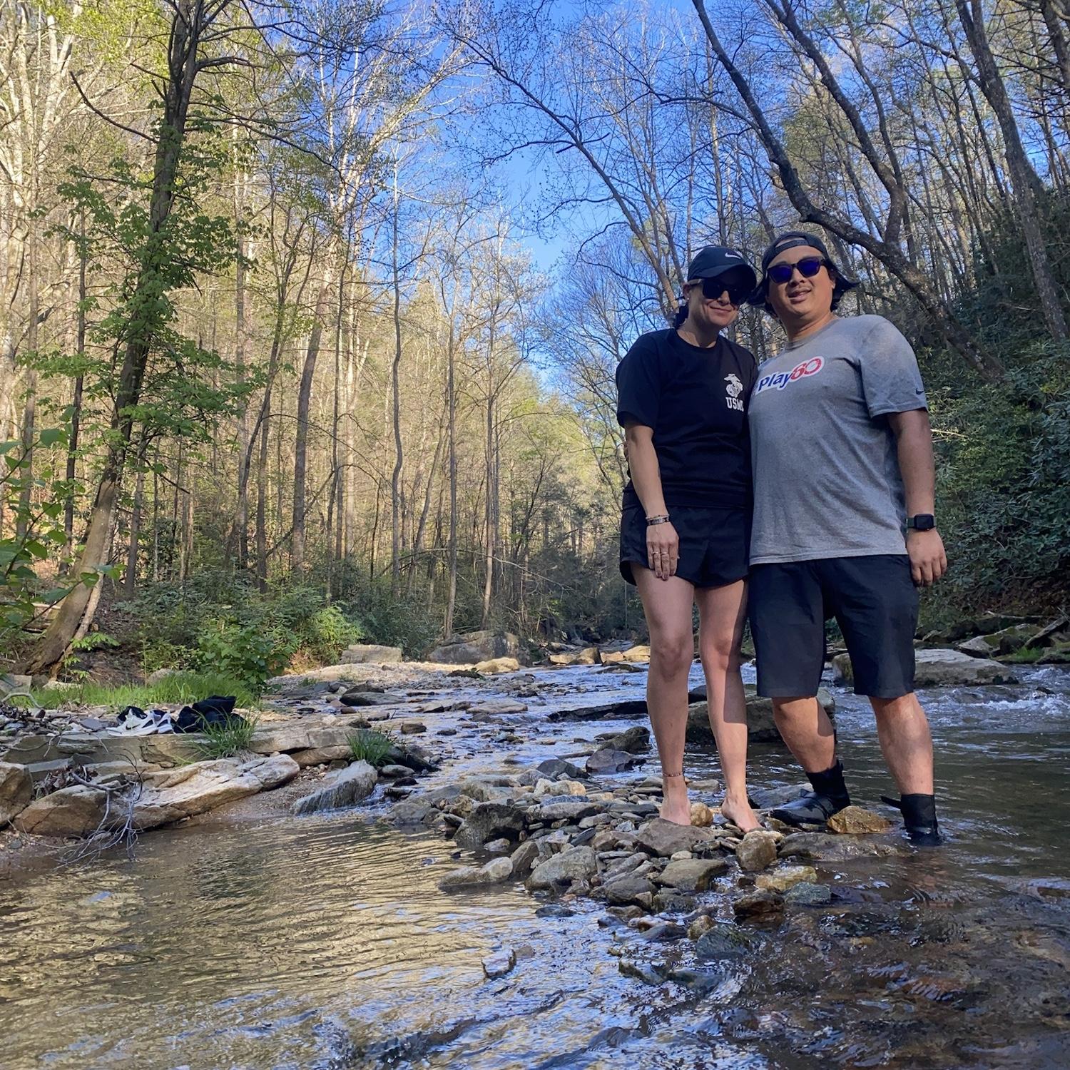 Dipping our toes in the river in North Carolina.
