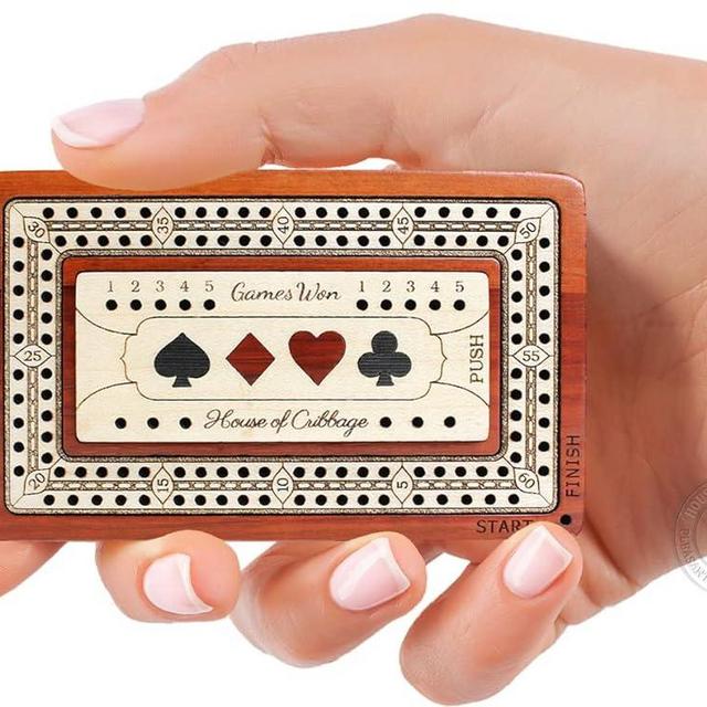 House of Cribbage - 2 Track - Wooden Travel/Pocket Size Cribbage Board - 4 Inch - Inlaid in Bloodwood/Maple Wood with Storage Space for Cribbage Pegs - 60 Points - Non Continuous