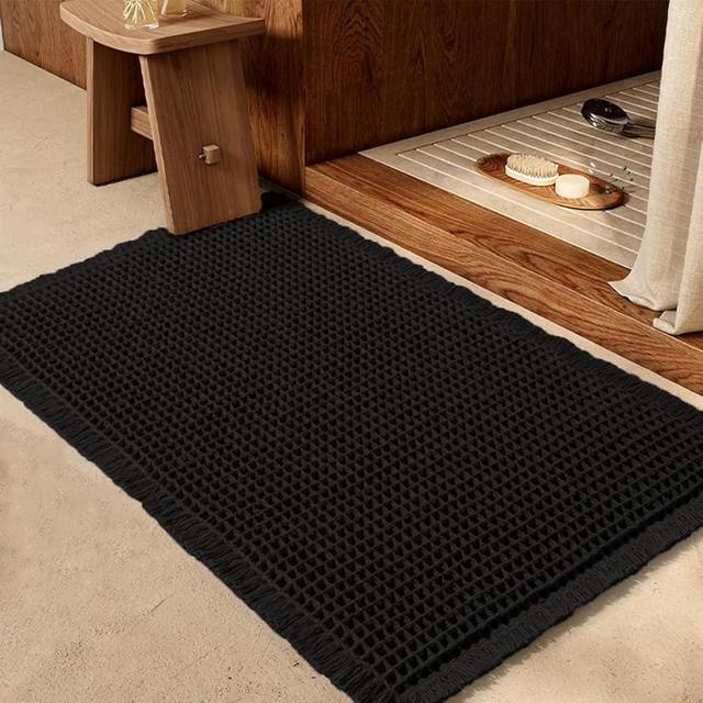 IM HOME Waffle Bath Mat Black 32"x20", Boho Woven Modern Bathroom Rug Mat, Absorbent Non Slip Bathroom Floor Mat, Soft Washable Bath Rugs with Tassels for Bathroom, Bedroom, Kitchen, Shower, Tub