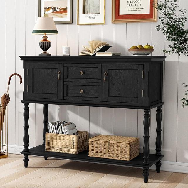 ARTPOWER Console Table with 2 Drawers, Retro Entryway Table with 2 Door Cabinets and Open Storage Shelf, Narrow Long Sofa Table, Behind Couch Table for Living Room, Foyer and Hallway, Black