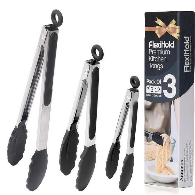 Premium Stainless Steel Kitchen Tongs Pack of 3 for Grilling and BBQ - Stainless Steel Tongs for Cooking and Serving Set of 3 (7", 9" & 12") Grill Tongs, Non-Stick and Dishwasher Safe