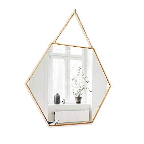 BEACH'D 16" Large Hanging Hexagon Gold Brass Wall Mirror with Chain