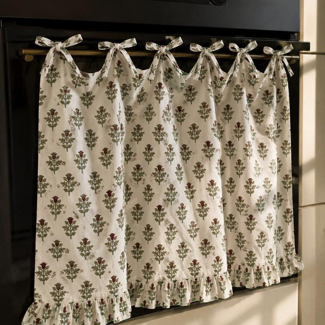 Floral Block Print Oven Skirt | Ruffle Hem Tie-Top Kitchen Curtain | Handmade Cotton Oven Door Cover | Vintage Floral Kitchen Decor