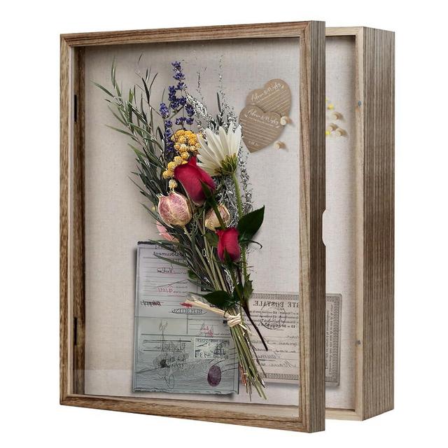 Shadow Box Display Case 13 x 16 Flowers Wooden Memory Boxes, Medal Wedding Bouquet Memorabilia s Photos Memory Box for Keepsakes 10 Pins and 2 Screws