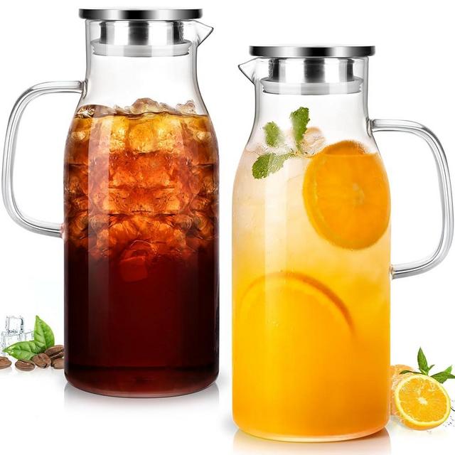 LUNA&MANTHA 2 Pack 2 Liter 68 oz Glass Pitcher with Lid and Handle, Water Pitcher for Fridge, Large Ice Tea Jug for Hot/Cold Drinks, Thick Borosilicate Glass Carafe for Coffee, Juice, Sangria