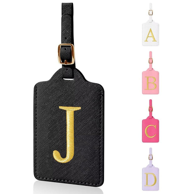 Personalized Initial Luggage Tags for Suitcases,Leather Letter Cute Luggage Tags with Privacy Name Card,Embroidered Monogrammed Travel Bag Backpack Tags Gifts for Women Kids Girls Teens(Black-J)