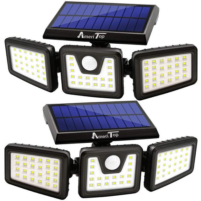 Solar Lights Outdoor, AmeriTop 800LM Wireless LED Solar Motion Sensor Lights Outdoor; 3 Adjustable Heads, 270° Wide Angle Illumination, IP65 Waterproof, Security LED Flood Light- 2 Pack