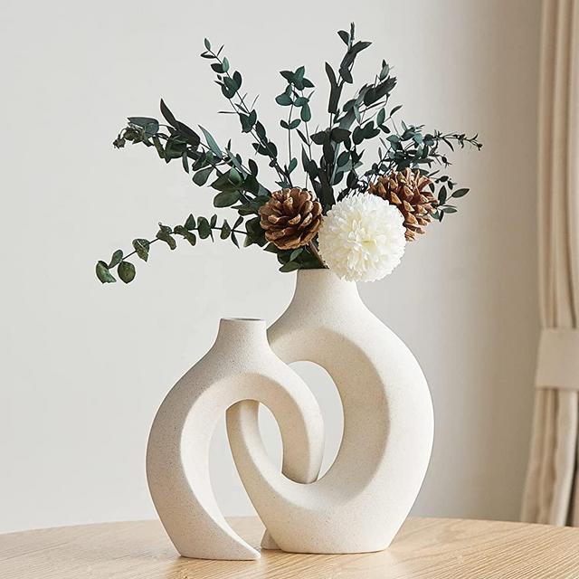 White Ceramic Vase Set of 2 for Modern Home Decor, Round Boho Donut Vase for Pampas Grass, Neutral Minimalist Vase for Dining Room Table Centerpiece Dining Room, Living Room, Wedding Table Decoration