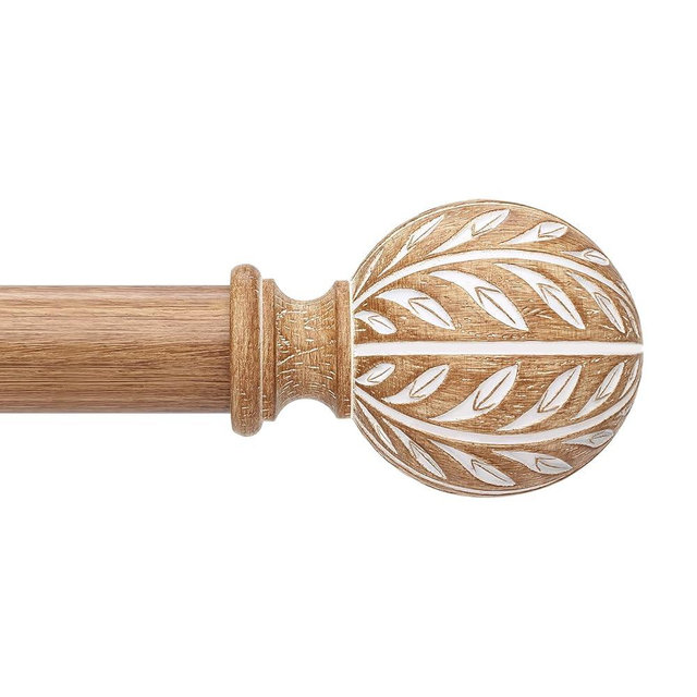 Curtain Rods for Windows 48 to 84 Inch, Wood Boho Decorative 1 Inch Window Treatment Rods, Adjustable Heavy Duty Vintage Rustic Matel Drapery Rod, Handmade Imitation Wood Grain Leaf Finials