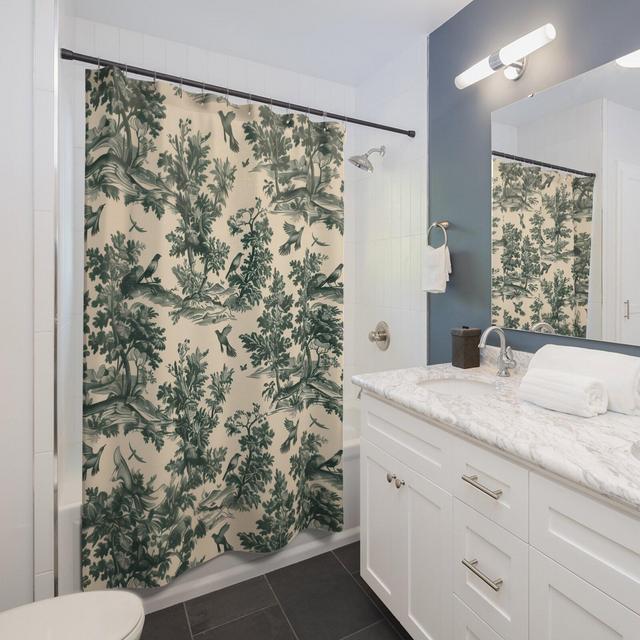 Toile Shower Curtain , Vintage Green Birds French Country Pattern Shower Curtains 71" x 74"