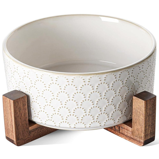 LE TAUCI Ceramic Dog Bowls for Large Dogs, 7" Elevated Water Bowl with Acacia Wood Stand, Single Set for Food & Water, Fireworks