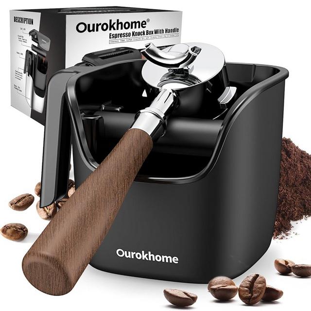 Ourokhome Espresso Accessories Knock Box, Stable Stainless Steel Coffee Ground Container for Espresso Machine with Removable Knock Bar, Handle and Lid, Dishwasher safe, 4.8 inch (Black)