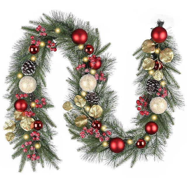 Valery Madelyn 6 Ft Pre-Lit Christmas Garland with Lights for Mantle, Lighted Outdoor Xmas Garland with Red Gold Balls Norfolk Pine for Home Stairs Fireplace Table Centerpiece Indoor Holiday Decor