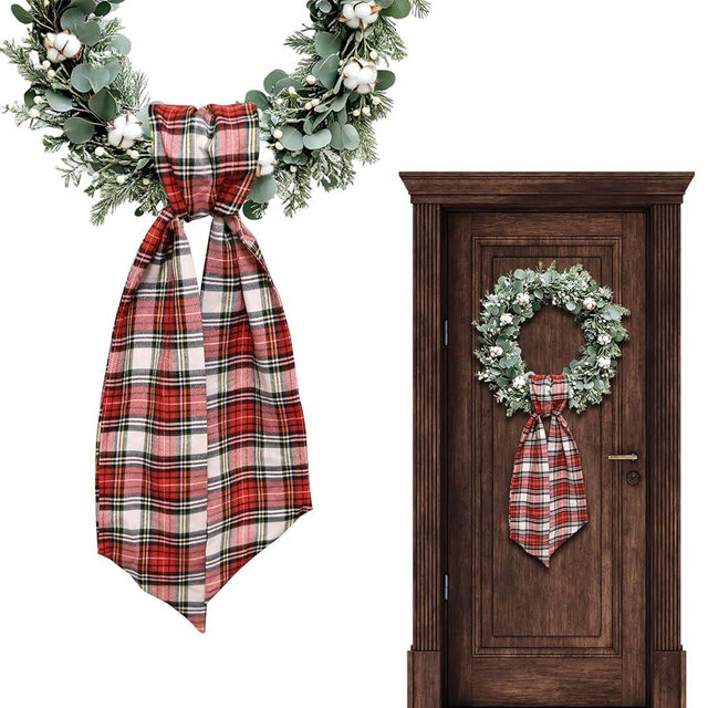 Vickasi Christmas Wreath Sash for Front Door, Winter Red Green Plaid Burlap Ribbon Sash Xmas Holiday Wreath Accessories for Thanksgiving New Year Decorations