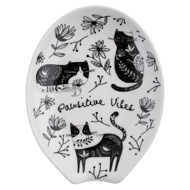 Karma, Boho Spoon Rest, Black and White Ceramic Spoon Rest, Ceramic Spoon Rest for Countertop, Cat