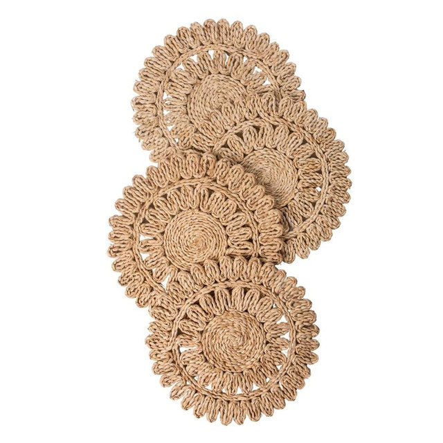 Laquedecraft 15" Set of 4 Round Corn Husk Placemats | Boho Woven Rattan Table Mats | Farmhouse Wicker Spring Plate Chargers Like Water Hyacinth, Seagrass for Wedding, Party, Christmas, Events